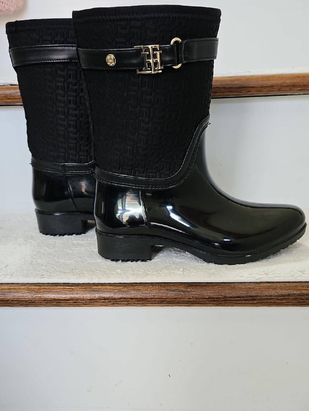 Tommy Hilfiger Black Quilted Mid-Calf Rain Boots with Gold Logo Accent